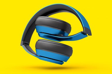 Sarı arka planda izole edilmiş profesyonel oyun kulaklıkları. Üç boyutlu kulaklık ve müzik ekipmanı tasarımı