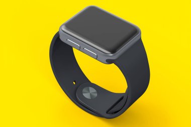 Sarı arka planda siyah kayışı olan paslanmaz gümüş akıllı saat. Giyilebilir aygıt sağlığı ve fitness izleyicisi için 3B yorumlama kavramı