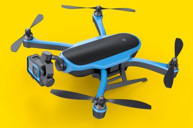 Sarı zemin üzerinde hareket kamerası olan uçan fotoğraf ve video drone veya kuadkopter. Dağıtım veya hava fotoğrafçılığı için aygıtın 3B görüntülemesi