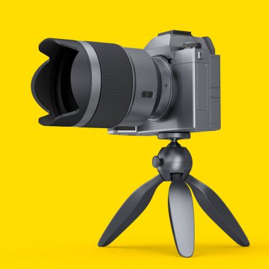 Var olmayan gümüş DSLR kamera kavramı makro mercekli ve sarı arka planda izole edilmiş üç ayaklı. Stüdyo fotoğraf çekimi için profesyonel fotoğraf malzemelerinin 3 boyutlu çizimi ve illüstrasyonu