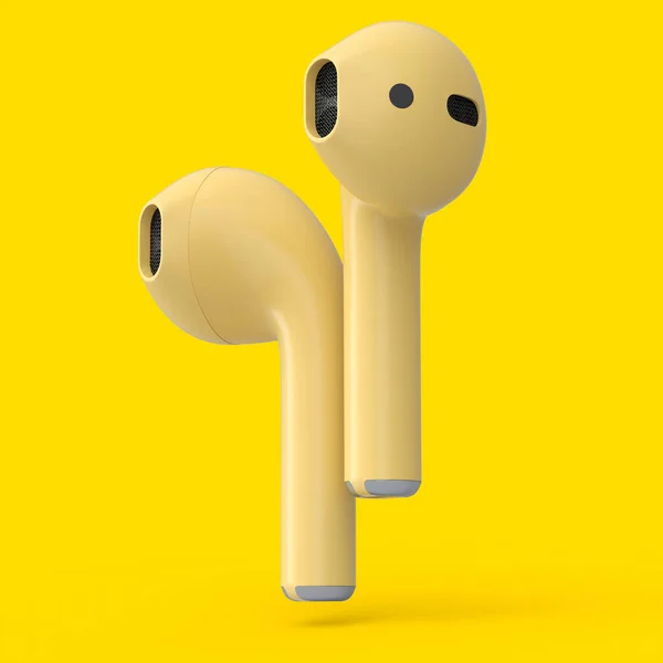 Auriculares Inalámbricos Bluetooth Amarillos Aislados Sobre Fondo Amarillo Representación Accesorios —  Fotos de Stock