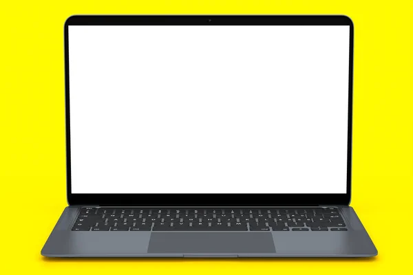 Realistyczny Aluminiowy Laptop Pustym Białym Ekranem Żółtym Tle Renderowanie Otwartego — Zdjęcie stockowe