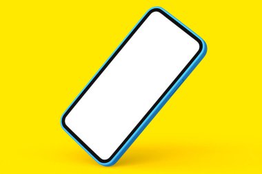Sarı arka planda boş beyaz ekranlı gerçekçi mavi akıllı telefon. Sunum için telefon şablonunun 3B görüntülenmesi ve küçük çalışma alanı aracı