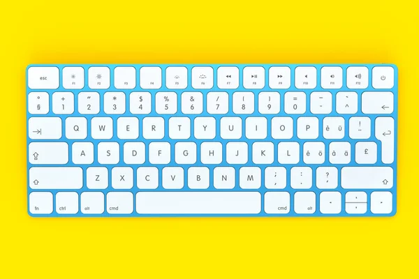 黄色の背景に隔離された現代の青アルミコンピュータのキーボード ホームオフィスやワークスペースのためのギアの3Dレンダリング — ストック写真