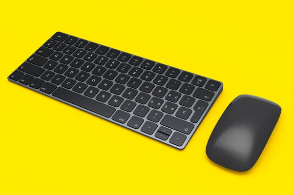 알루미늄 컴퓨터 키보드와 마우스는 노란색 배경에 분리되어 사무실 직장을 렌더링 — 스톡 사진