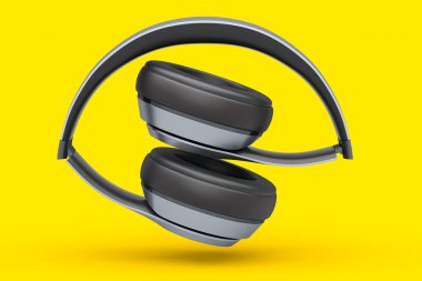 Sarı arka planda izole edilmiş profesyonel oyun kulaklıkları. Üç boyutlu kulaklık ve müzik ekipmanı tasarımı