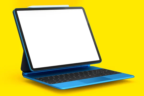 Computer Tablet Keyboard Blank Screen Isolated Yellow Background Rendering Concept — Stock Photo, Image