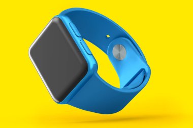 Sarı arka planda mavi kayışı olan paslanmaz gümüş akıllı saat. Giyilebilir aygıt sağlığı ve fitness izleyicisi için 3B yorumlama kavramı