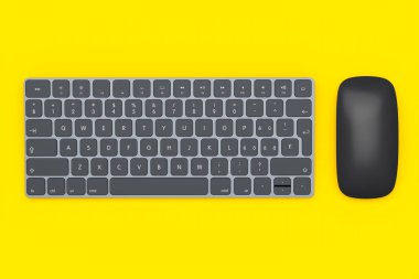 Modern siyah alüminyum bilgisayar klavyesi ve fare sarı arka planda izole edilmiş. Ev ofisi ve çalışma alanı için 3B ekipman hazırlama