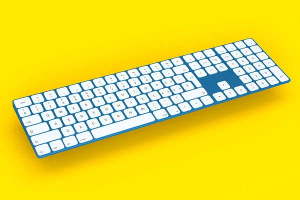 Nowoczesna Niebieska Klawiatura Komputerowa Aluminiowa Odizolowanym Żółtym Tle Numpadem Renderowanie — Zdjęcie stockowe
