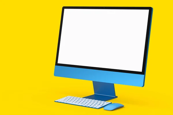 파란색 컴퓨터 화면에는 노란색 배경에 키보드와 마우스가 분리되어 스튜디오 공간에 — 스톡 사진