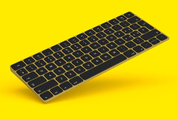 알루미늄 컴퓨터 키보드는 노란색 배경에 분리되어 사무실 직장을 렌더링 — 스톡 사진