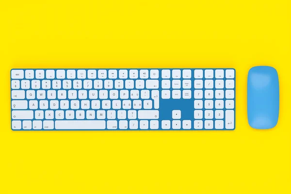 黄色の背景に隔離された数字とマウスと現代の青のアルミコンピュータのキーボード ホームオフィスやワークスペースのためのギアの3Dレンダリング — ストック写真