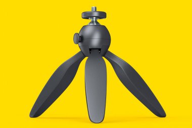 Sarı arka planda izole edilmiş hızlı yayın plakalı fotoğraf ve video tripod. Profesyonel fotoğrafçılık ekipmanlarının 3B görüntülenmesi ve çizimi