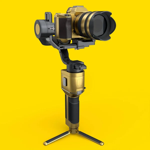 3-axis gimbal stabilization system with gold nonexistent mirrorless camera isolated on yellow background. 3D rendering of professional photography equipment for streaming