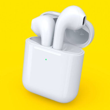 Beyaz çantadaki kablosuz bluetooth kulaklıklar sarı arka planda izole edilmiş. Müzik dinlemek ya da evden uzak çalışmak için aksesuarların 3B görüntülenmesi