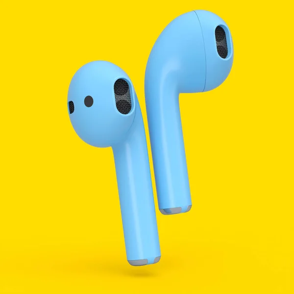 Бездротові Сині Навушники Bluetooth Ізольовані Жовтому Фоні Візуалізація Аксесуарів Прослуховування — стокове фото