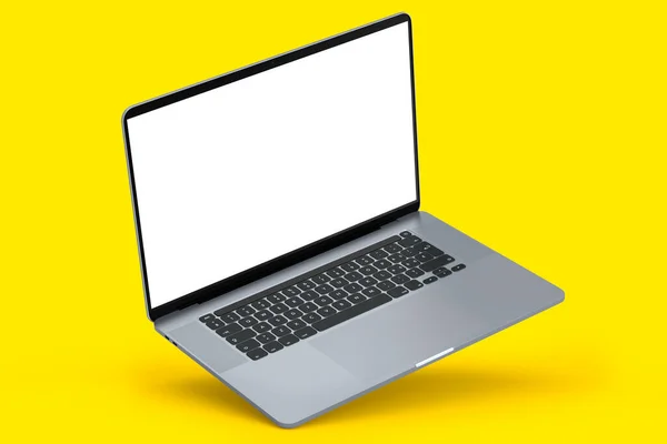 Realistyczny Aluminiowy Laptop Pustym Białym Ekranem Żółtym Tle Renderowanie Otwartego — Zdjęcie stockowe