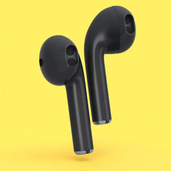 Auriculares inalámbricos bluetooth negro aislados sobre fondo amarillo —  Fotos de Stock