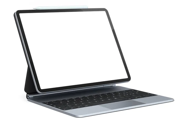 Tablette d'ordinateur avec clavier et écran blanc isolé sur fond blanc. — Photo