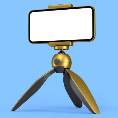 Mavi üzerine izole edilmiş altın üçayaklı beyaz ekranlı gerçekçi akıllı telefon.