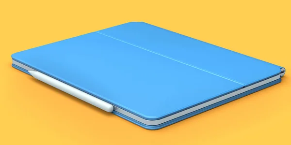 Computer tablet with blue cover case and pencil isolated on orange background. — Stock Photo, Image