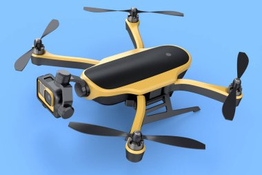 Mavi üzerine izole hareket kamera ile uçan fotoğraf ve video drone veya dörtlü helikopter