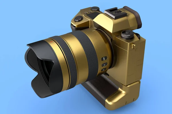 Concetto di fotocamera DSLR oro inesistente con obiettivo macro isolato su blu — Foto Stock
