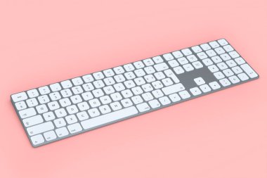 Pembe arka planda numaralandırılmış modern alüminyum bilgisayar klavyesi. Ev ofisi ve çalışma alanı için 3B ekipman hazırlama