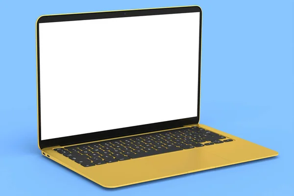 Realistyczny Złoty Aluminiowy Laptop Pustym Białym Ekranem Odizolowanym Niebieskim Tle — Zdjęcie stockowe