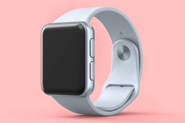 Pembe arka planda beyaz kayışı olan paslanmaz gümüş akıllı saat. Giyilebilir aygıt sağlığı ve fitness izleyicisi için 3B yorumlama kavramı