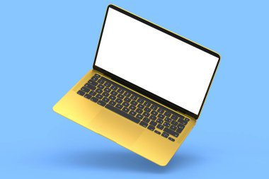 Mavi zemin üzerinde boş beyaz ekran görüntüsü olan gerçekçi altın alüminyum dizüstü bilgisayar. Ev stüdyosu çalışma alanı için 3D taşınabilir bilgisayar görüntüleme