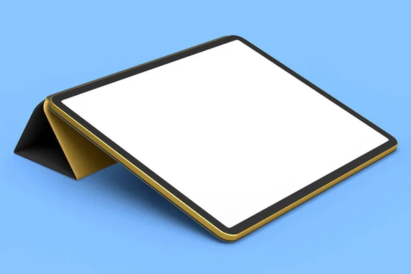 Tableta Ordenador Con Funda Dorada Lápiz Aislado Sobre Fondo Azul — Foto de Stock