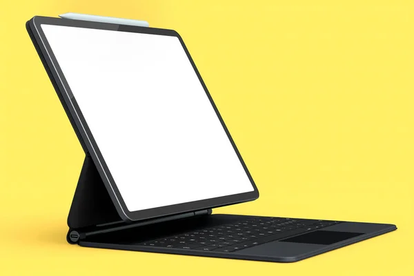 Dator Tablett Med Tangentbord Och Tom Skärm Isolerad Gul Bakgrund — Stockfoto
