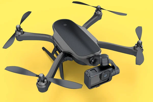 Flying photo and video black drone or quadcopter with action camera isolated on yellow background. 3D rendering of device for delivery or aerial photography