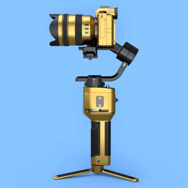 3 eksenli titreşim stabilizasyon sistemi, mavi arka planda izole edilmiş, altın olmayan aynasız kamera. Yayın için profesyonel fotoğrafçılık ekipmanlarının 3B görüntülenmesi ve çizimi