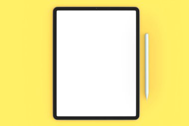 Sarı arka planda mavi kapaklı ve kalem izole edilmiş bilgisayar tableti. Yaratıcı tasarım ekipmanı ve kompakt çalışma alanı üç boyutlu oluşturma kavramı