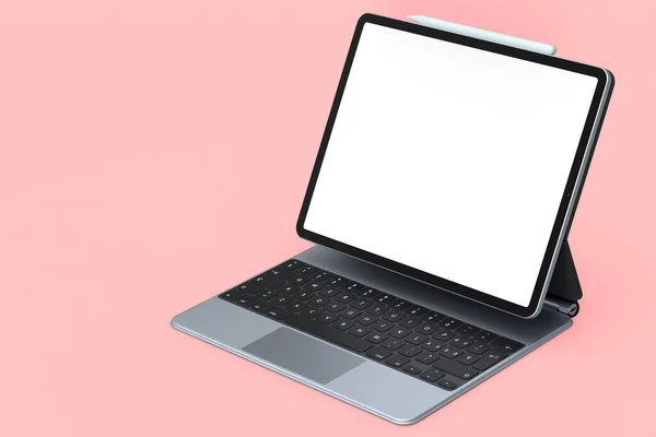 Computer Tablet Silver Keyboard Blank Screen Isolated Pink Background Rendering — Stock Photo, Image