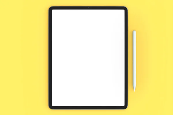 Sarı Arka Planda Mavi Kapaklı Kalem Izole Edilmiş Bilgisayar Tableti — Stok fotoğraf