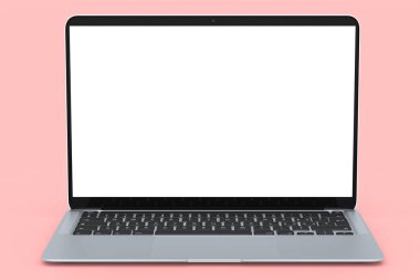 Pembe zemin üzerinde boş beyaz ekran görüntüsü olan gerçekçi alüminyum dizüstü bilgisayar. Ev stüdyosu çalışma alanı için 3D taşınabilir bilgisayar görüntüleme