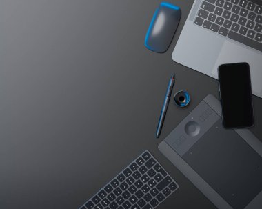 Tasarımcı çalışma alanının üst görüntüsü ve dizüstü bilgisayar, tablet, klavye ve telefon gibi teçhizatlar siyah masa arkasında. Çizim, çizim ve illüstratör veya fotoğraf araçları için aksesuarların 3d görüntülenmesi