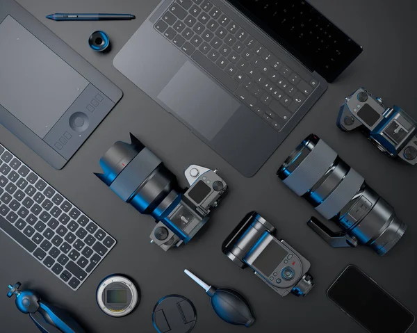 Visão Superior Espaço Trabalho Designer Engrenagem Como Laptop Tablet Câmera — Fotografia de Stock