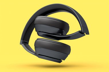 Sarı arka planda izole edilmiş profesyonel oyun kulaklıkları. Üç boyutlu kulaklık ve müzik ekipmanı tasarımı