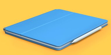 Mavi kapaklı bilgisayar tableti ve turuncu arka planda izole edilmiş kalem. Yaratıcı tasarım ekipmanı ve kompakt çalışma alanı üç boyutlu oluşturma kavramı