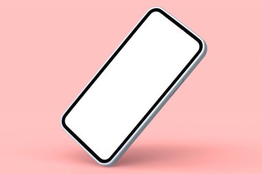 Pembe arka planda boş beyaz ekranlı gerçekçi gümüş akıllı telefon. Sunum için telefon şablonunun 3B görüntülenmesi ve küçük çalışma alanı aracı