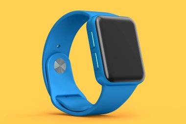 Turuncu arka planda mavi deri kayışı olan paslanmaz akıllı saat. Giyilebilir aygıt sağlığı ve fitness izleyicisi için 3B yorumlama kavramı