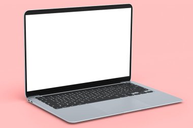 Pembe zemin üzerinde boş beyaz ekran görüntüsü olan gerçekçi alüminyum dizüstü bilgisayar. Ev stüdyosu çalışma alanı için 3D taşınabilir bilgisayar görüntüleme