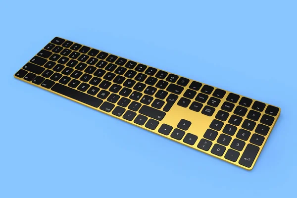 现代金铝制计算机键盘 与蓝色背景隔离的软垫 家庭办公室和工作空间装备的三维绘制 — 图库照片