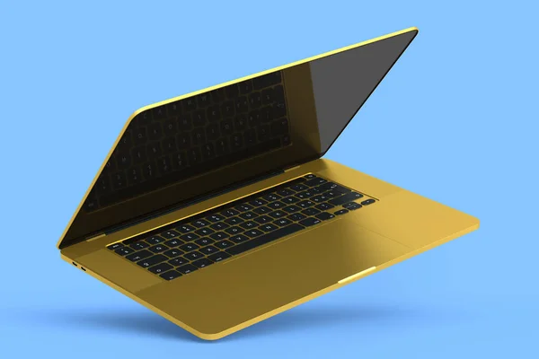 Realistisch Gouden Aluminium Laptop Met Leeg Wit Scherm Geïsoleerd Blauwe — Stockfoto