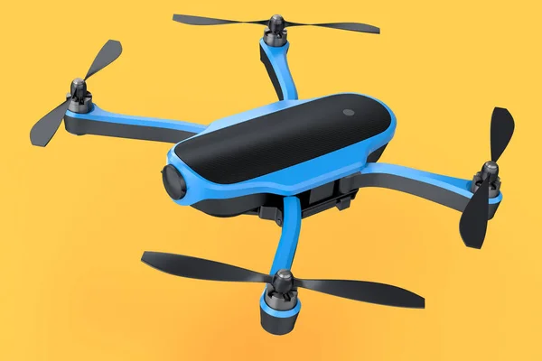 Flying photo and video blue drone or quadcopter with action camera isolated on orange background. 3D rendering of device for delivery or aerial photography